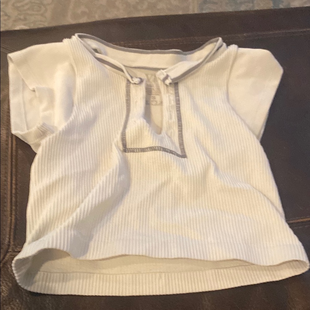 White Short Sleeve Tee with Tie Neckline and Textured Fabric